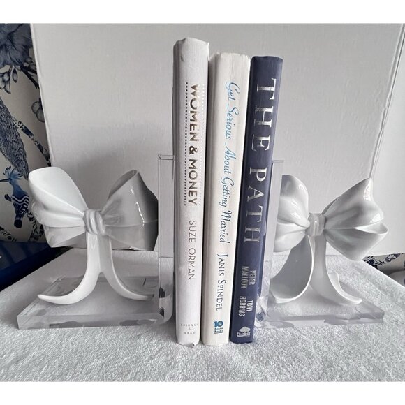 PAIR LUCITE Bookends White High Gloss Bow Modern Contemporary Feminine Designer - Picture 12 of 12